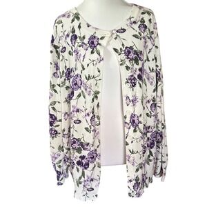 Woman Within Purple Floral Cotton Cardigan Sweater Cottagecore Dopamine Dressing